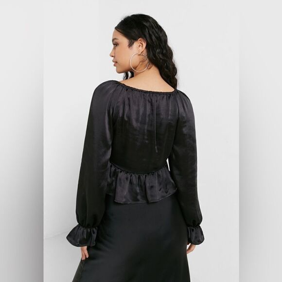 Top Shop Black Satiny Puffed Sleeve Blouse Size 10 - Picture 3 of 14
